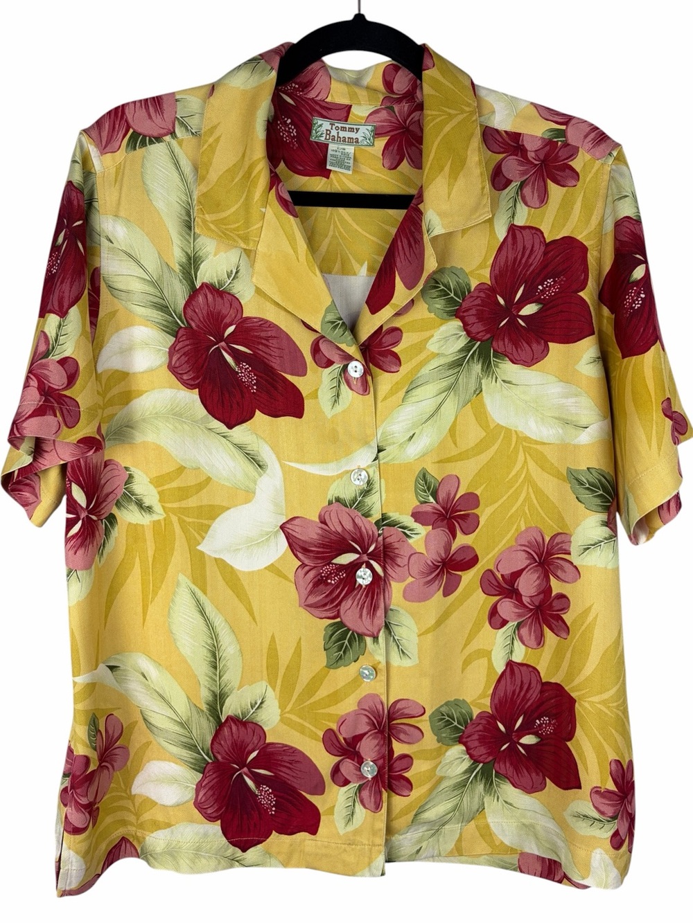 Tommy Bahama 100% Silk Hawaiian Shirt Floral Hibiscus Yellow Large